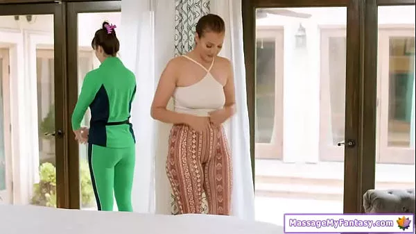 My busty milf masseuse massages my tits and makes me horny. Maybe some lesbian sex on top of my massage will do wonders for my tension so I licked her